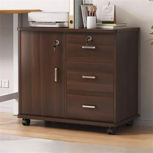 Vista 8 de Archivador de madera con cierre suave, cerradura de llave + ruedas enrollables con cerradura, escritorio de almacenamiento de documentos lateral