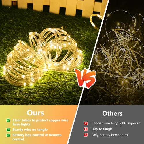 Vista 5 de Jnaurb Paquete de 2 luces de cuerda a pilas para exteriores, total de 66 pies, 200 LED, 8 modos, funciona con pilas, luces de hadas de Navidad