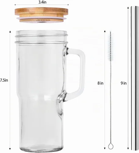 Vista 7 de Vasos de vidrio de 24 onzas con tapas y pajitas - Vaso de vidrio con tapas de bambú y pajita, taza de café helado