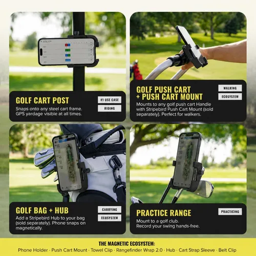 Vista 4 de Stripebird - Soporte Magnético Original para Teléfono de Golf - Accesorio para Carrito de Golf - Montura delgada para Smartphone - Almacena y Accede
