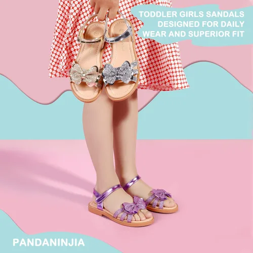Vista 8 de PANDANINJIA Sandalias para niñas, puntera abierta, bonitos zapatos planos de princesa para niñas, zapatos de vestir brillantes de verano para bebés