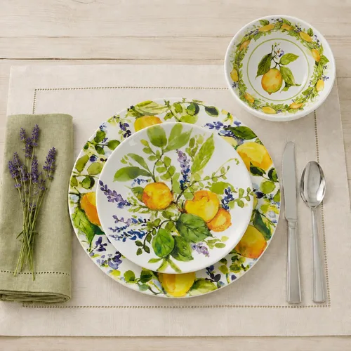 Vista 4 de Lemon Zest - Juego de vajilla de melamina de 12 piezas, servicio para 4 – Platos y cuencos irrompibles al aire libre para cenar en el patio