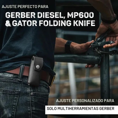 Vista 5 de American Bench Craft Funda multiherramienta de cuero y estuche para cuchillos para Gerber Diesel, MP600 y Gator plegable Funda de cuero remachada