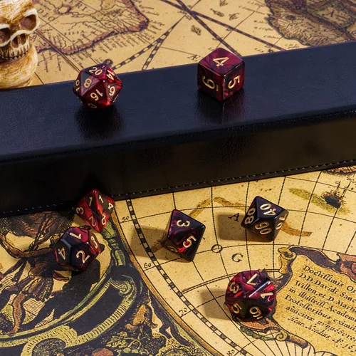 Vista 6 de Juego de dados de 7 dados poliédricos DND rojo mezclado con negro, dados D&D con bolsa de cuero para juegos de rol Mezcla roja negra