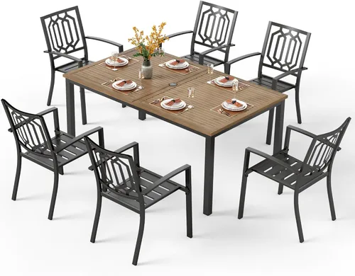 Vista 23 de PHI VILLA Juego de comedor al aire libre de 7 piezas para 6, mesa rectangular de metal negro de 60 pulgadas con agujero para sombrilla y sillas