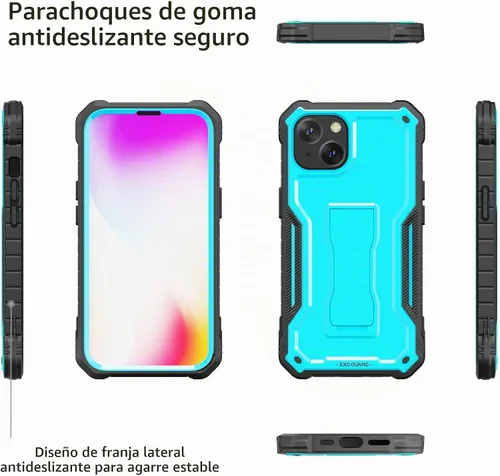 Vista 4 de ExoGuard Funda para iPhone 14, funda de goma a prueba de golpes de cuerpo completo viene con un protector de pantalla de vidrio templado y soporte