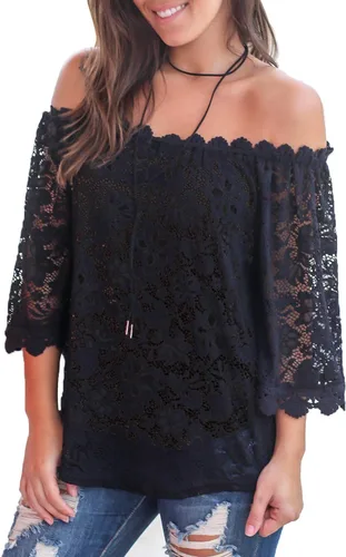 Vista 3 de Miholl - Blusa suelta casual, con encaje y hombros descubiertos.