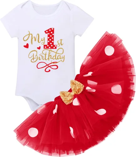 Vista 4 de IBTOM CASTLE Vestido de 1er cumpleaños para niñas con diseño de pastel y falda tutú de lunares, sandalias descalzas para fotografía