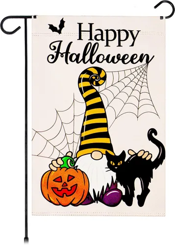Vista 8 de G128 - Bandera de jardín de Halloween, cita de truco o trato con bonito búho, decoraciones de jardín y patio, bandera rústica de temporada para 12 x