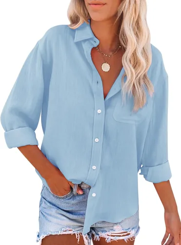 Vista 5 de siliteelon Camisas con botones para mujer, camisas de vestir de algodón, blusas de manga larga, blusas sólidas casuales con cuello con bolsillos