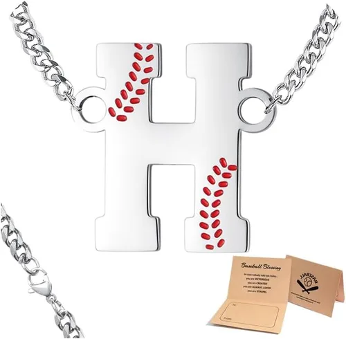 Vista 8 de QINJIEJIE Collar de béisbol inicial A-Z con letras, accesorios deportivos, colgante de encanto de béisbol, joyería de cadena de acero inoxidable 2-P