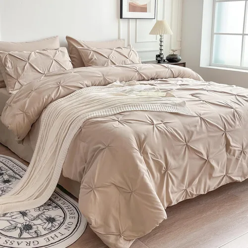 Vista 3 de Maple&Stone Juego de edredón tamaño Queen color beige, 7 piezas en una bolsa, juegos de ropa de cama con edredón, sábanas, fundas de almohada
