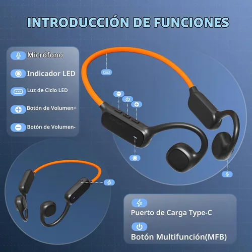 Vista 8 de vinamass Auriculares de oreja abierta, auriculares de conducción de aire Bluetooth 5.4, auriculares inalámbricos con cadena de baliza LED, tiempo