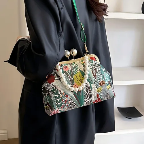 Vista 5 de Vintage Flower Embroidery Handbag,Kiss Lock Evening Shoulder Bag with Removable Shoulder Strap for Women