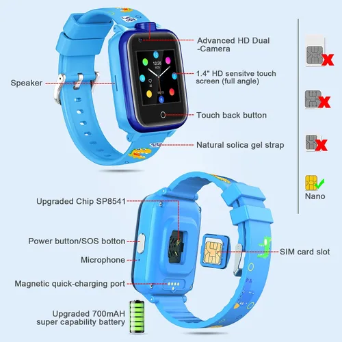 Vista 3 de Relojes GPS 4G para niños, relojes inteligentes, mini teléfono celular con doble cámara, llamadas, SOS, correas de dibujos animados resistentes al
