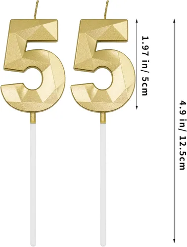Vista 2 de Velas de cumpleaños número 55 para pastel, velas doradas con forma de diamante 3D con forma de diamante, decoraciones de cumpleaños, suministros