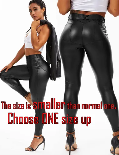 Vista 4 de Pantalones de cuero para mujer, leggings de piel sintética, sexy, color negro y rojo, mallas ajustadas para uso casual