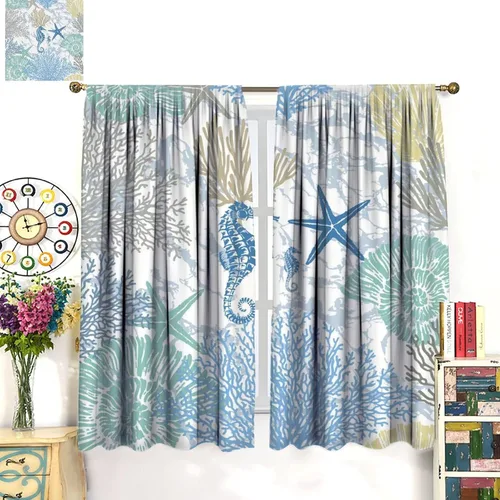 Vista 63 de Cortinas de decoración de playa con océano azul, peces náuticos costeros playeros de verano, conchas marinas, temática infantil, dormitorio, sala