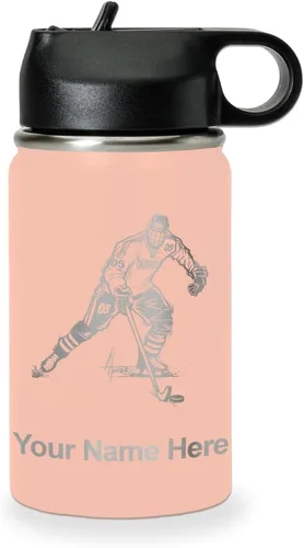 Vista 46 de LaserGram Botella de agua personalizada, jugador de hockey, acero inoxidable de doble pared aislada al vacío con popote superior, regalo grabado