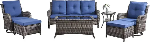 Vista 75 de HUMMUH Juego de 2 Sillas Giratorias Mecedoras de Mimbre para Patio Exterior, Juego de Muebles de Sillas Mecedoras de Ratán (Marrón, Azul) 50,000