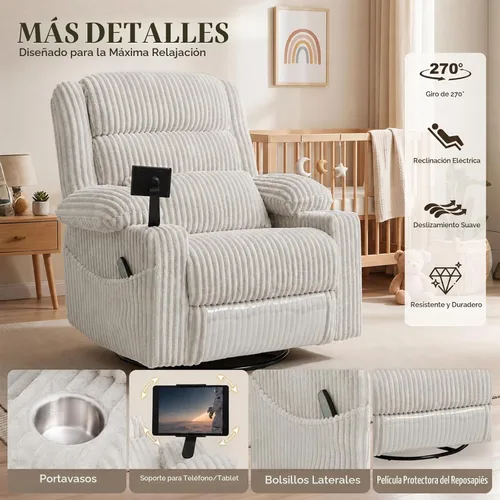 Vista 8 de Sillón reclinable giratorio eléctrico con masaje y calor, USB A y C Gris pálido