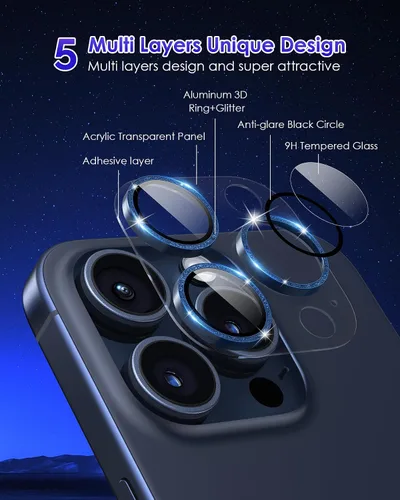 Vista 3 de Protector de lente de cámara con purpurina compatible con iPhone 15 Pro/iPhone 15 Pro Max, acrílico transparente más anillo de aleación de aluminio
