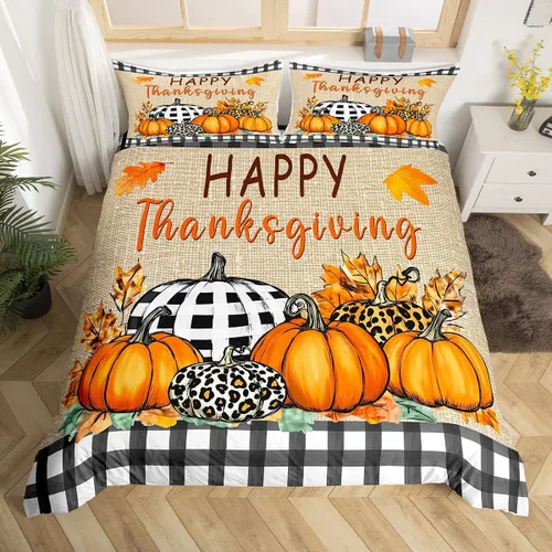 Vista 10 de Erosebridal Juego de funda de edredón individual de pavo de Acción de Gracias, juego de ropa de cama de calabaza y hojas de otoño para niños