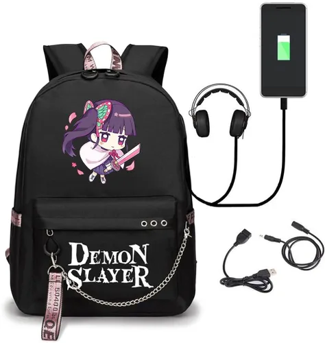Vista 7 de SodaMeow Mochila Demon Nezuko Anime Slayer Bag Kimetsu no Yaiba Kawaii Mochila con puerto de carga USB, llavero gratis, A-kanao, Casual