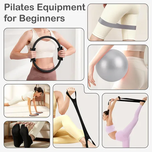 Vista 6 de Hoedia Kit de Pilates de 17 Piezas para Mujeres, Equipo de Pilates Anillo y Pelota Set con Bandas de Resistencia, Correa de Yoga, Deslizadores