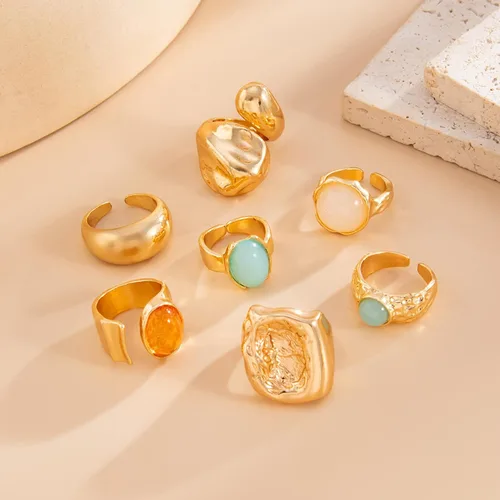 Vista 6 de Anillos gruesos para mujer, apilables, vintage, ajustables, para mujer, juego de anillos dorados con piedra llamativa, no se deslustra, joyería