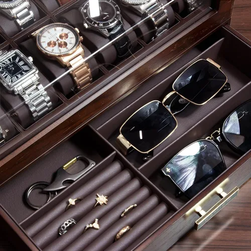 Vista 5 de KAMIER Caja organizadora de relojes con 12 ranuras para hombres, organizador de caja de reloj de madera de dos niveles para hombres con soporte