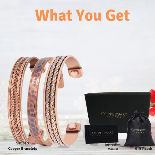 Vista 26 de Pulseras de cobre para hombres y mujeres Juego de 3 con caja de regalo Hecho a mano 100% cobre Regalo para mujeres y hombres