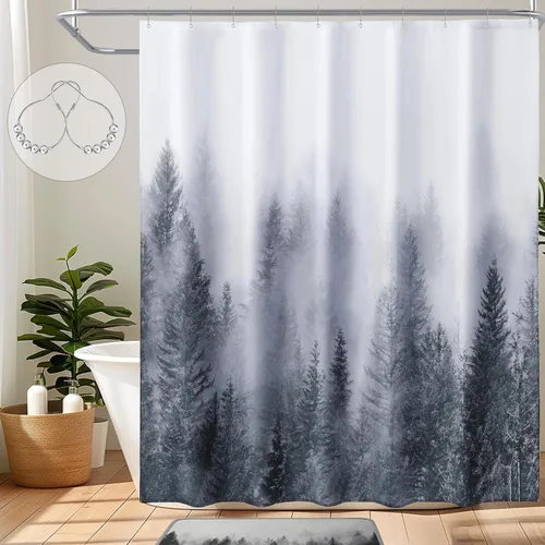 Vista 9 de ORTIGIA 36x72 Cortina de ducha de bosque nebuloso para baño pequeño, cortina de ducha estrecha de naturaleza y bosque en blanco y negro con ganchos