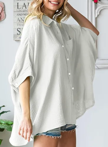 Vista 4 de Astylish Camisas de gran tamaño con botones para mujer, manga 34, cuello en V, texturizadas