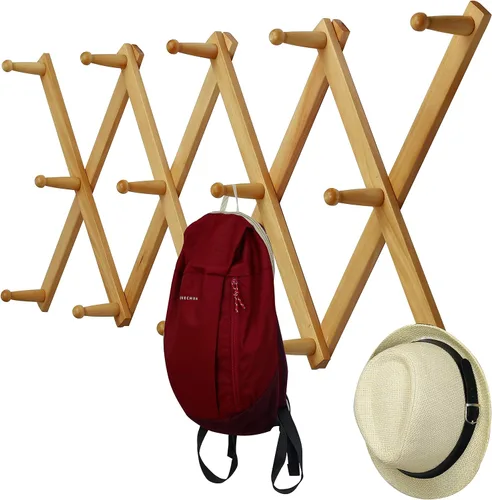 Vista 26 de WEBI Perchero de Pared Acordeón, Perchero de Sombreros de Madera Expandible para Perchero de Abrigos Montado en Pared, Soporte de Ganchos Acordeón