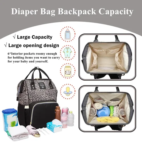 Vista 3 de Bolsa de pañales con estampado de leopardo, mochila multifunción para el cuidado del bebé, bolsa de viaje impermeable para mamá, color marrón