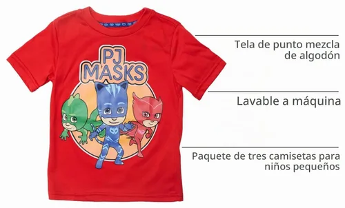 Vista 4 de Pj Masks 3 playeras para niños Blanco/Azul/Rojo