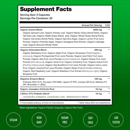 Vista 7 de Cápsulas orgánicas Super Greens – Suplemento diario de frutas y verduras – 150 pastillas de superalimentos verdes y rojos – más de 40 frutas