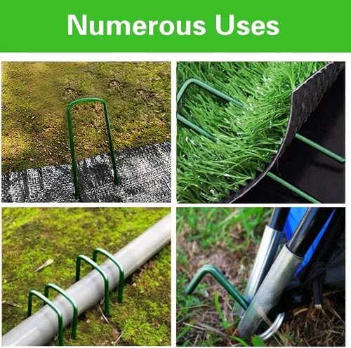 Vista 5 de Bakulyor 50 piezas de grapas verdes para paisajismo de 15 cm, estacas de césped artificial para jardín, calibre 11, grapas galvanizadas para césped