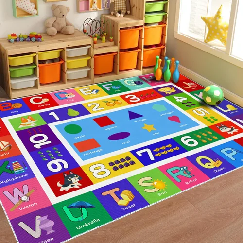 Vista 9 de ABC - Alfombra de juego para niños, con forma del alfabeto, con números del alfabeto, alfombra de área educativa de aprendizaje de frutas, grande