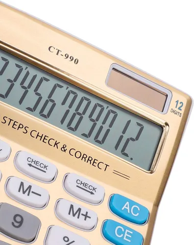 Vista 5 de Calculadora de escritorio de función estándar con pantalla LCD grande de 12 dígitos con energía solar, oro