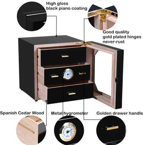 Vista 6 de Humidor de cigarros higrómetro montado en la parte delantera Caja de almacenamiento y humidificador forrado de cedro, acabado de revestimiento negro