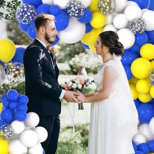 Vista 3 de Kit de arco de guirnalda de globos azules, amarillos y blancos, 116 globos de confeti azul real, amarillo, blanco, plateado, para cumpleaños, novia