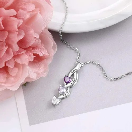 Vista 5 de Tian Zhi Jiao Collar personalizado de plata de ley para madres con 3 piedras natales de imitación grabadas, 3 nombres de niños, personalizado, dije