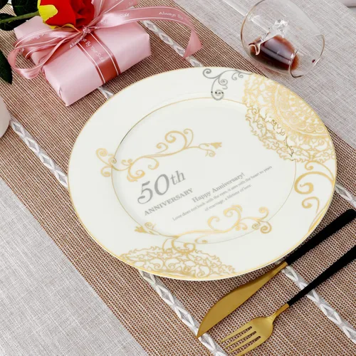 Vista 4 de PuGez Regalos de boda de 50 aniversario para parejas, padres y abuelos, 50 regalos dorados para matrimonio, plato de recuerdo de porcelana dorada