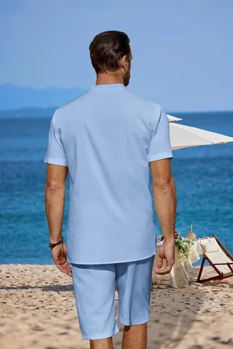 Vista 3 de COOFANDY Conjunto de 2 piezas de lino para hombre, camisas Henley casuales de manga corta, pantalones cortos de yoga para la playa, pantalones