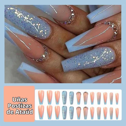 Vista 5 de MISUD - Uñas postizas a presión largas en forma de ataúd con pegamento, diseño de punta francesa acrílica azul de verano, 24 piezas
