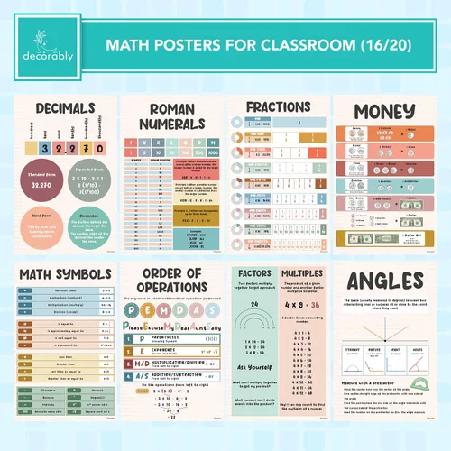 Vista 4 de Decorably 16 carteles educativos de matemáticas para escuela secundaria, primaria 11x14in Matte-Laminated Classroom Decor for Boys and Girls