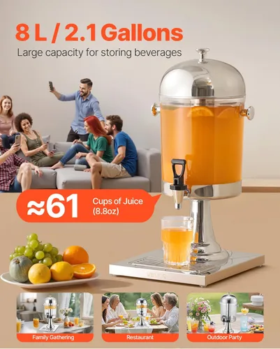 Vista 2 de VEVOR Dispensador de bebidas, dispensador de bebidas de 2.1 galones para fiestas, dispensadores de jugo de acero inoxidable + plástico con bandeja