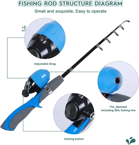 Vista 3 de Urban Deco Kit de caña de pescar para niños, 2 unidades, caña de pescar telescópica portátil para niños con caja de aparejos, 2 redes de pesca y 2